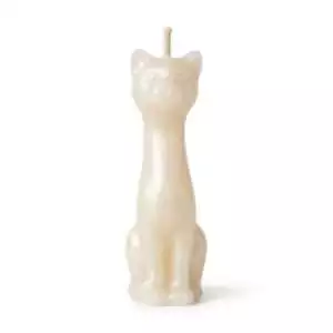 5.5-inch white wax candle sculpted as a sitting cat with a wick on top for purification and spirit work ritual burning.