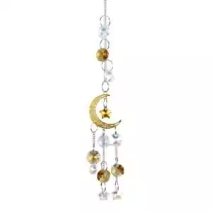 13 inch golden crescent moon sun catcher with faceted bead drops showing warm gold lunar mobile for joy and creativity window display