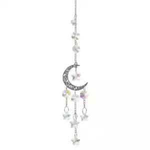 13 inch silver crescent moon sun catcher with prism orbs for lunar clarity showing silver moon mobile with hanging crystal drops