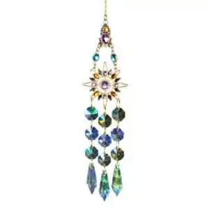 16-inch gold sun suncatcher with a central star-shaped design adorned with colorful crystals and cascading beads for solar energy window display.