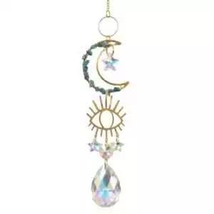 16 inch gold Evil Eye Crescent Moon sun catcher with crystal prisms showing protective moon mobile for window warding and rainbow light