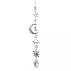 17-inch silver celestial crescent moon and planet sun catcher hanging ornament with crystal prism elements for window display