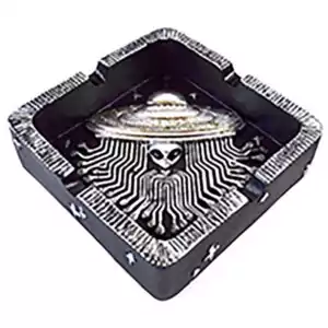4.5-inch cold cast resin ashtray with detailed alien and flying saucer design in black painted finish for unconventional altar or cosmic desk display.
