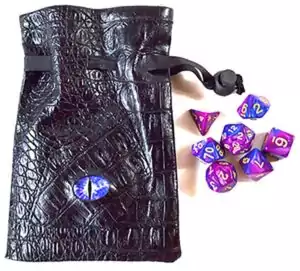 Complete purple polyhedral gaming dice set in various shapes alongside a black textured leather-look eye bag with drawstring for RPG and tabletop gaming.