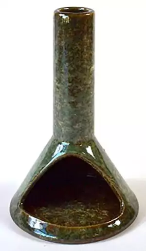 6-inch ceramic incense burner with tall neck and wide triangular base in olive green glaze, featuring a triangular cutout window for cone incense burning.