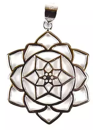 Detailed sterling silver lotus flower pendant with layered petal design and central star, 7/8 inch, for Buddhist and spiritual jewelry wear.