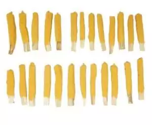 Yellow cinnamon-dipped palo santo sticks arranged in even rows, showing their warm-toned coating for smudge ritual use.