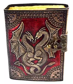 Red leather-bound journal with intricate double dragon embossed cover and metal clasp latch, 4.5x6.5 inches with unlined pages for grimoire and ritual use.