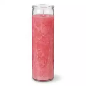 Tall cylindrical glass candle filled with soft pink wax for seven-day gentle love, romance, and self-love ritual burning.