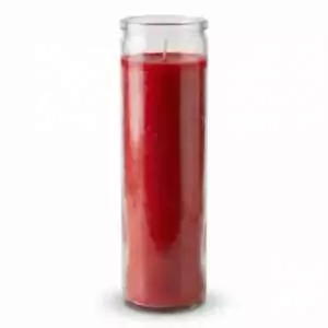 Tall cylindrical glass candle filled with red wax for seven-day passionate love and attraction ritual burning.
