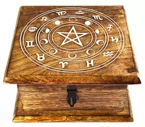 Wooden 7x7 inch storage box with a pentagram and zodiac symbols engraved on the lid, natural wood finish with a metal latch, for tarot and altar storage.
