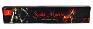 Incense box featuring artistic Santa Muerte imagery and the title Santa Muerte, for devotional incense stick burning on folk spiritual altars.