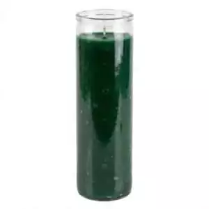 Tall cylindrical glass candle filled with deep green wax, designed for seven-day money drawing and prosperity ritual burning.