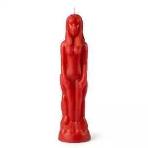 8-inch red wax candle sculpted as a standing female figure with a wick at the top, for hoodoo love, passion, and feminine power ritual use.