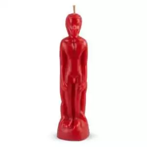 8-inch red wax candle sculpted in the shape of a standing male figure with a wick at the top, for hoodoo love drawing and strength rituals.