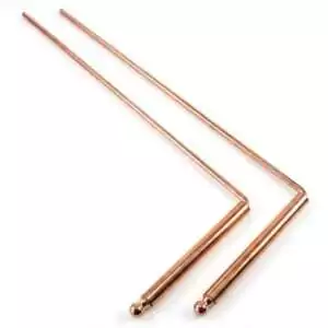 Copper dowsing rods L-shaped pair — two copper rods bent at right angles for use in divination, energy sensing, and water dowsing.