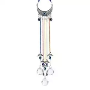 18-inch evil eye nazar sun catcher with a crescent moon top and multiple colorful crystal bead strands hanging below for protective window display.