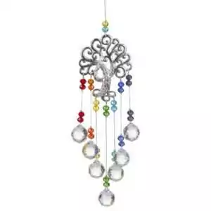 16 inch Tree of Life silver suncatcher with chakra-colored crystal prism drops showing sacred tree symbol as a window mobile