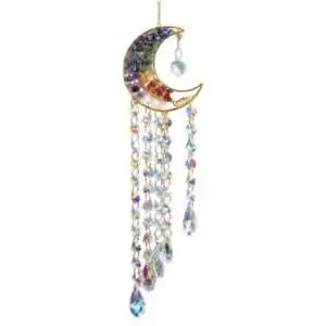 21-inch crescent moon decorative ornament adorned with colorful gemstone crystals and sparkling cascading beads, creating whimsical rainbow effects in window light.
