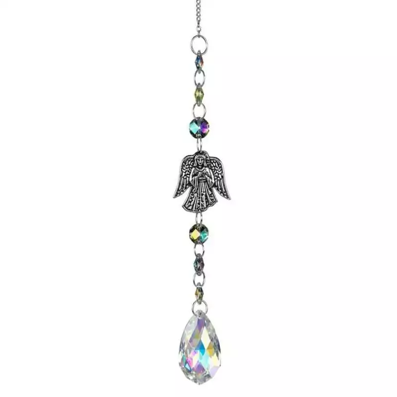 17-inch decorative sun catcher featuring a silver angel charm with colorful crystal beads cascading down to a clear teardrop crystal drop.