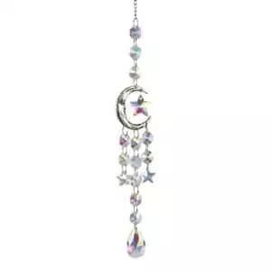 18-inch crescent moon sun catcher hanging mobile with stars, colorful beads, and crystal prisms that catch light and create rainbow reflections in windows.