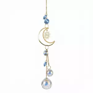 12-inch Crescent Moon Evil Eye suncatcher showing crescent moon shape with evil eye charm and prism crystals for celestial protection window hanging