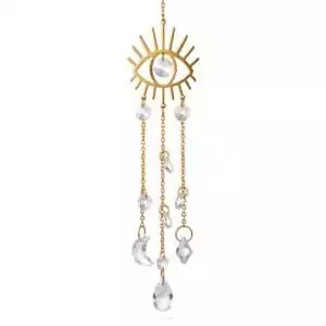 12-inch Evil Eye sun catcher hanging mobile with stylized eye at top and crystal drop and crescent moon prisms suspended below for window protection decor.