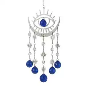 20-inch Evil Eye Sun Catcher in the silver-toned finish, with crescent moon and blue crystal prisms