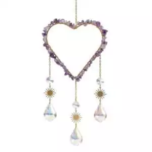 Heart-shaped sun catcher adorned with purple amethyst crystals featuring three hanging crystal droplets and sunburst accents, 17 inches for window display.