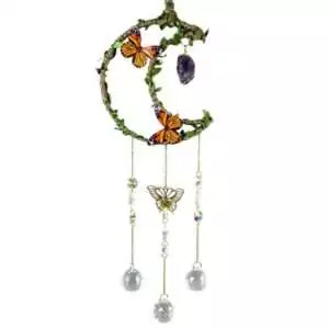 21-inch decorative mobile with a crescent moon centerpiece adorned with butterflies, amethyst crystals, and cascading beads creating a whimsical lunar garden ornament.