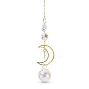 Gold-toned crescent moon sun catcher with hanging crystal prisms creating rainbow light effects for home altar window décor