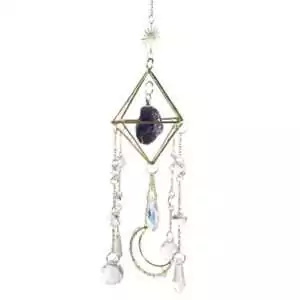 18-inch amethyst sun catcher with crescent moon centerpiece and crystal prisms for rainbow light display in window