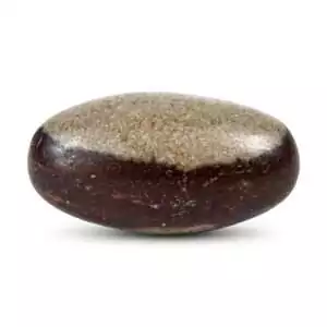 Smooth egg-shaped Shiva Lingam stone from the Narmada River with warm reddish-brown and cream patterning 2 inches long