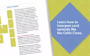 Interior pages of How to Read Tarot by Jessica Wiggan showing card interpretation text and tarot card imagery — modern beginner's tarot instruction guide.