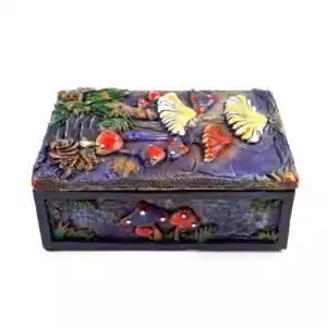 Decorative painted resin mushroom garden box with vibrant butterfly and mushroom designs for storing crystals or tarot cards