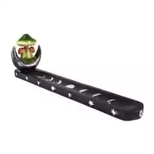 Ten-inch cold cast resin mushroom moon incense burner β cottagecore lunar altar piece with mushroom and crescent moon design for stick incense and forest witch decor.
