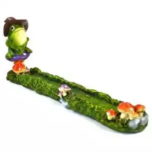 Frog mushroom incense burner 10 inches showing whimsical frog perched on mushroom figurine for holding stick incense with woodland forest aesthetic