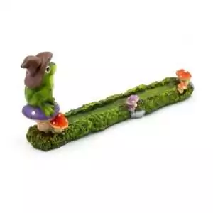 Frog mushroom incense stick holder detail view showing frog figurine and mushroom ash catch base design