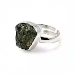 Genuine Czech moldavite tektite in sterling silver adjustable ring setting — deep green cosmic stone for spiritual transformation and high-vibration energy work.