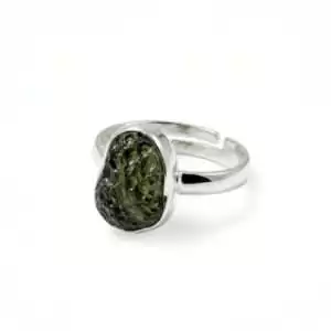 Close-up of moldavite adjustable sterling silver ring showing the natural irregular texture and forest-green color of the genuine tektite stone.