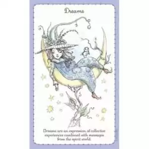 Witchlings card depicting a girl on a crescent moon surrounded by stars with a small bird — text about dreams as spirit world messages.