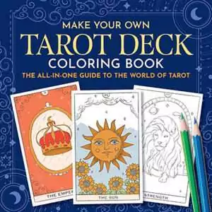 Make Your Own Tarot Deck coloring kit cover showing outlined tarot cards including The Emperor and The Sun alongside colored pencils for DIY personalization.
