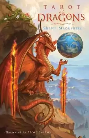Tarot of Dragons card featuring a vibrant dragon atop a rocky cliff holding a globe — detailed fantasy illustration from Firat Solhan's draconic tarot art.