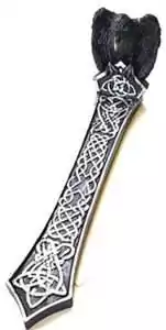 10-inch cold-cast resin raven incense holder with Celtic knotwork carved base, detailed raven sculpture perched on the stick incense burner for altar use.