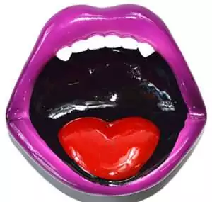 Cold-cast resin vampire fangs and lips incense holder 3 inches, dark red gothic mouth sculpture gripping an incense stick between fangs, altar and desk decor.