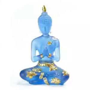Blue glass-effect resin Buddha statue seated in meditation pose with gold decorative accents for altar or home décor