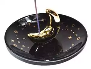 Crescent Moon ceramic incense burner in white with a curved moon shape β lunar ritual incense holder for cones and sticks on a moon altar.