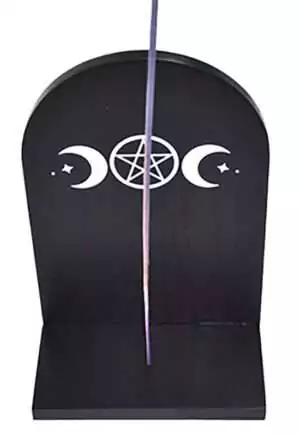 Cold-cast resin Triple Moon incense burner 7.25 inches long with waxing, full, and waning moon relief design — Wiccan altar decor for stick incense and lunar ritual.