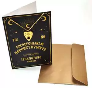 Planchette necklace with a spirit board-themed greeting card packaging, wearable divination pendant gift set for witches and occult enthusiasts.