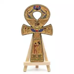Gold resin Ankh with display stand 6 inches showing Egyptian eternal life symbol in warm gold finish for altar and spiritual decor